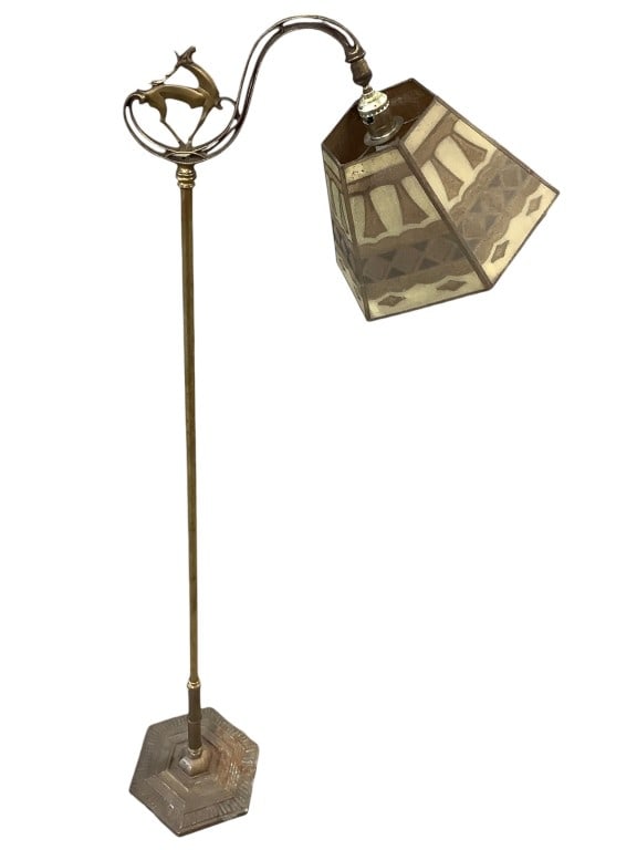Brass Stag Floor Lamp w Metal Mesh Shade: 11" Dia., 57 1/2"H. Brass lamp with a stag decoration and a 13" dia. Hexagonal painted metal mesh shade, unmarked. Requires rewiring. EDS aims to describe and photograph all items thoroughly and accur