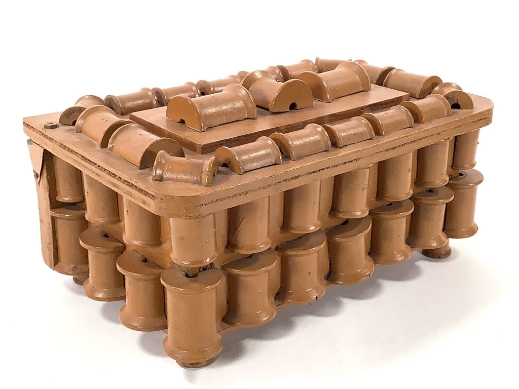 Folk Art Painted Spool Box: 11 1/2"L x 7"W x 5 1/2"H painted box decorated with cut spools, unmarked. EDS aims to describe and photograph all items thoroughly and accurately, however other conditions present may not have been ob