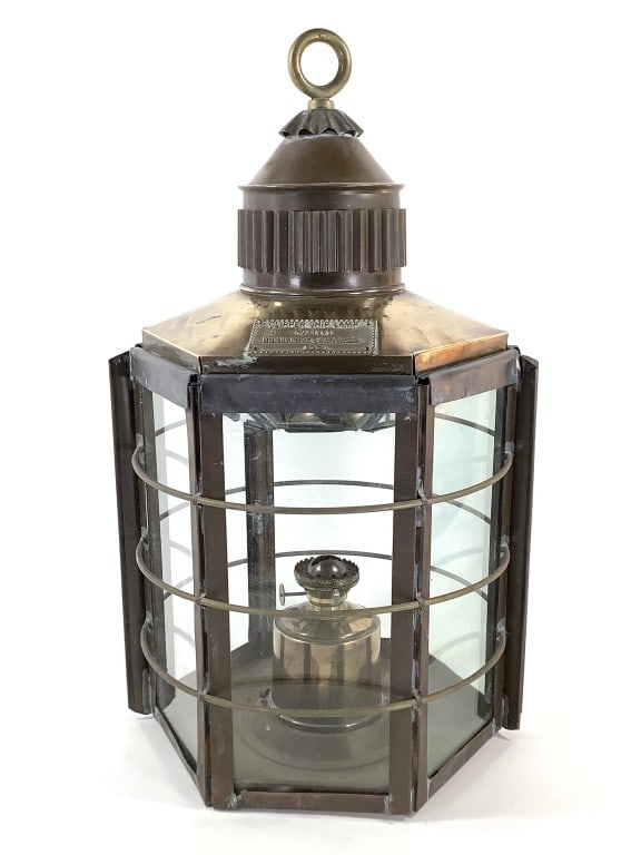 Scottish Clipper Ship Lamp: 12 1/2"Dia., 23 1/2"H clipper ship lamp with plaque that reads 'Clipper Ship Lamp, No. 1255, Dumbarton Scotland, 1869'. In excellent condition. EDS aims to describe and photograph all items thoroughly