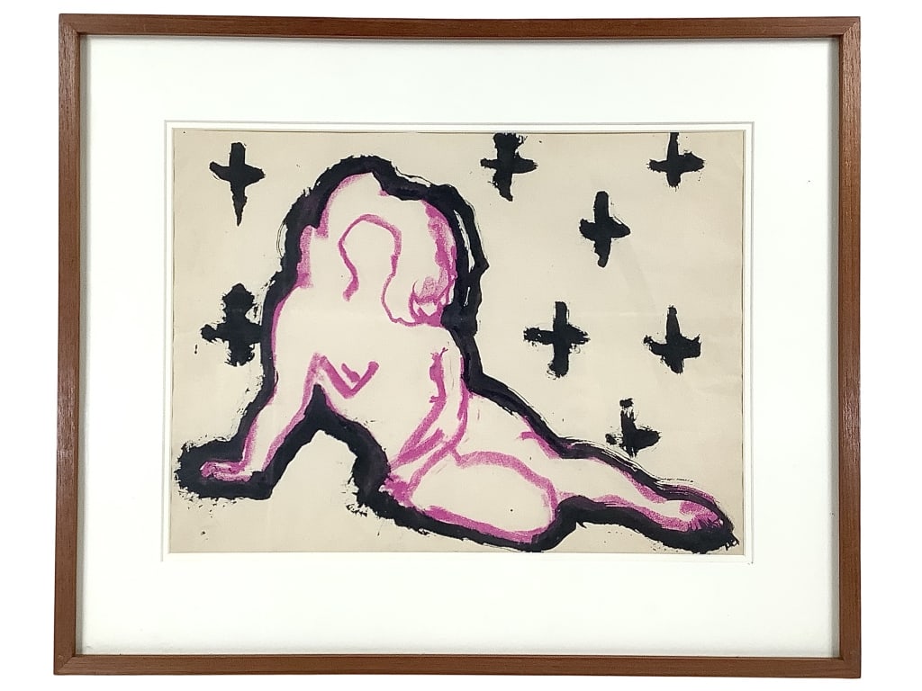 Earl Kerkam Reclining Nude Ink & Crayon: Kerkam, Earl (American, 1890– 1965). Reclining Nude. Ink and Crayon on paper. 12 3/4" x 17 1/4" (Sight). 19 3/8" x 24" (Frame). Double mat, wood frame. Donald Morris Gallery, Birmingham, Michigan ta