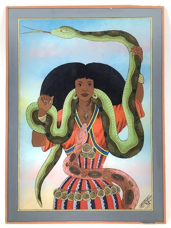 Woman w Snakes African Folk Reverse Painted Glass: African folk artist - signed illegibly lower right. Portrait of a woman with snakes. Undated. 13" x 9 1/2" (Glass). Taped at edges, backed with paper. Wear at taped edges. Bright colors. Provenance es