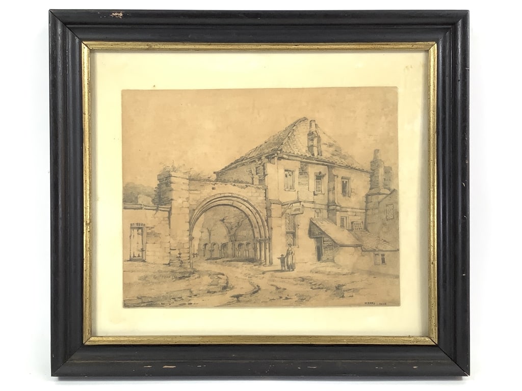 Antique Pencil Sketch Signed H.Cave York: Graphite on paper. 8 7/8" x 11 1/8" (Paper). 14 3/8" x 16 3/8" (Frame). Continental. Medieval building with signboard and figures. Paper mounted to backing, against glass. Discoloration. Provenance es