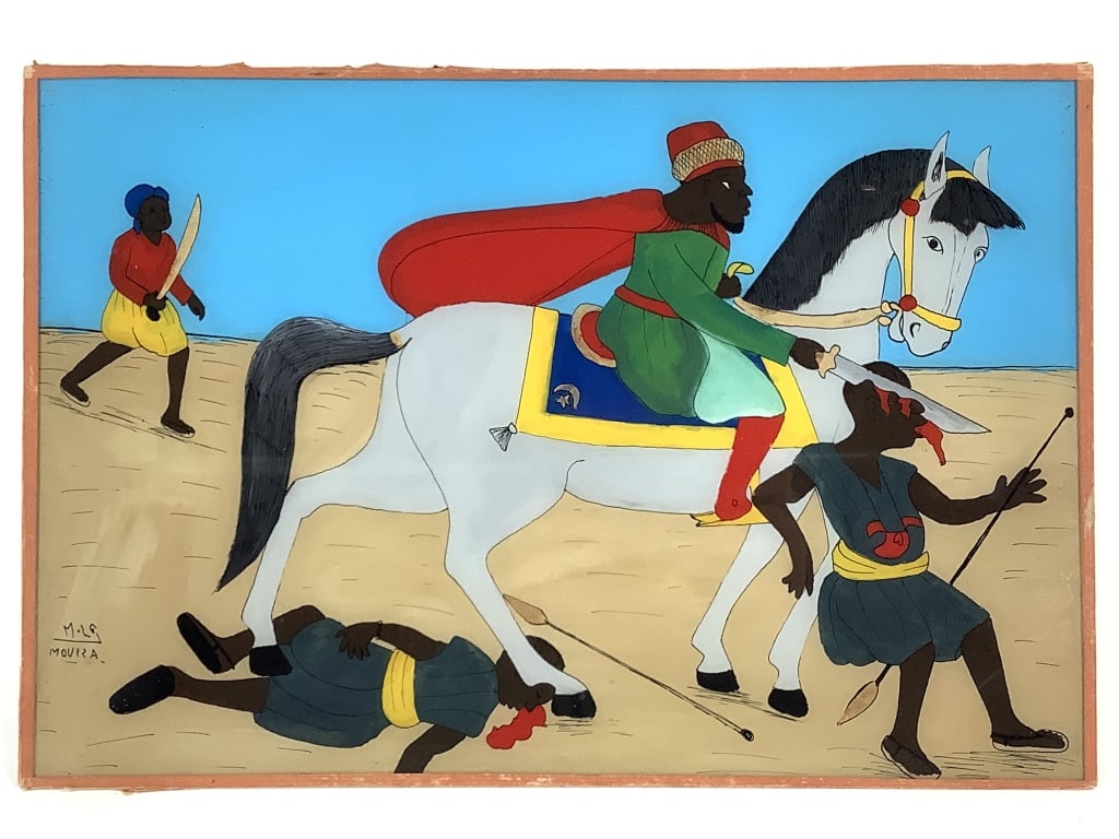 Battle Scene African Folk Reverse Painted Glass: African folk artist - signed Mouzza lower left. Battle Scene with Horse. Undated. 13" x 18" (Glass). Taped at edges, backed with paper. Wear at taped edges. Bright colors. Provenance estate of Roy and