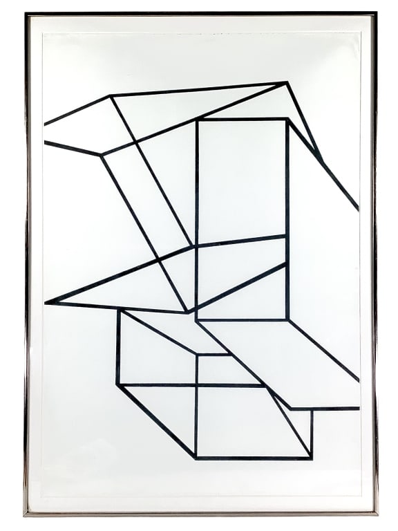 Al Held Geometric Lithograph 1969: Held, Al (American 1928-2005). Untitled (Cubes). Lithograph, 1969. Ed 100. 35 1/4" x 24" (Sheet). 38 1/2" x 27 1/2" (Frame). Float mounted inside a mat in a metal sectional frame under glass. Creases