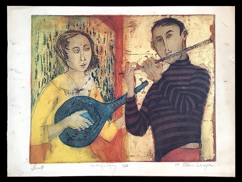 Ellen Lanyon Duet, Color Etching, Mixed Media 1950: Lanyon, Ellen (American, 1926-2013). Duet. Color etching with mixed media, titled, dedicated "To Roy and Sophia", numbered 7/20, dated 50 and signed in pencil below platemark. 14 1/2" x 19 1/2" (Sheet