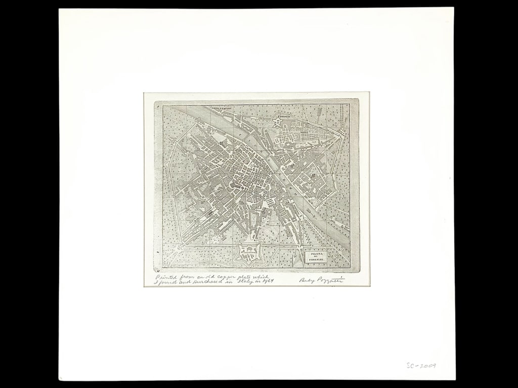 Atq Etching Printed by R. Pozzatti 1964, Florence: Antique etching Map of Florence / Pianta di Firenze, printed from a copper plate purchased in Italy 1964 by Pozzatti, Rudolph "Rudy" (American 1925-2021). Pencil description and Pozzatti signature bel