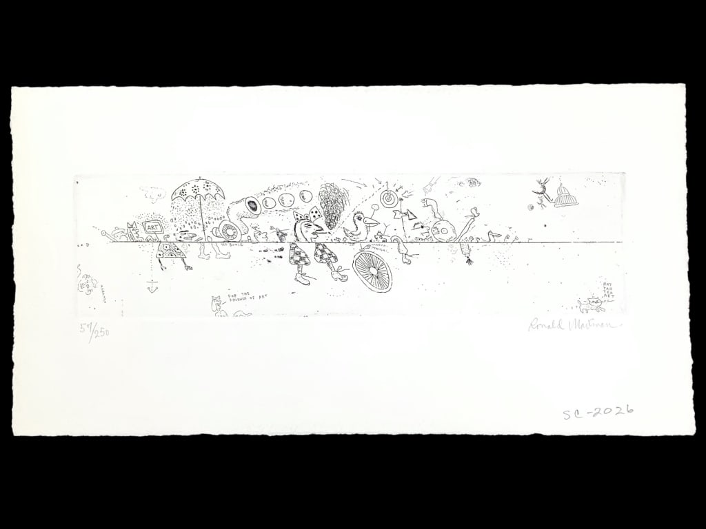 Ronald Markman Friends of Art Etching #57/250: Markman, Ronald (American, 1931-2017). Friends of Art #57/250, etching, 6" x 11 3/4" (Sheet, unframed). Numbered and signed in pencil below plate. Pencil notation along bottom edge. Slight edge toning