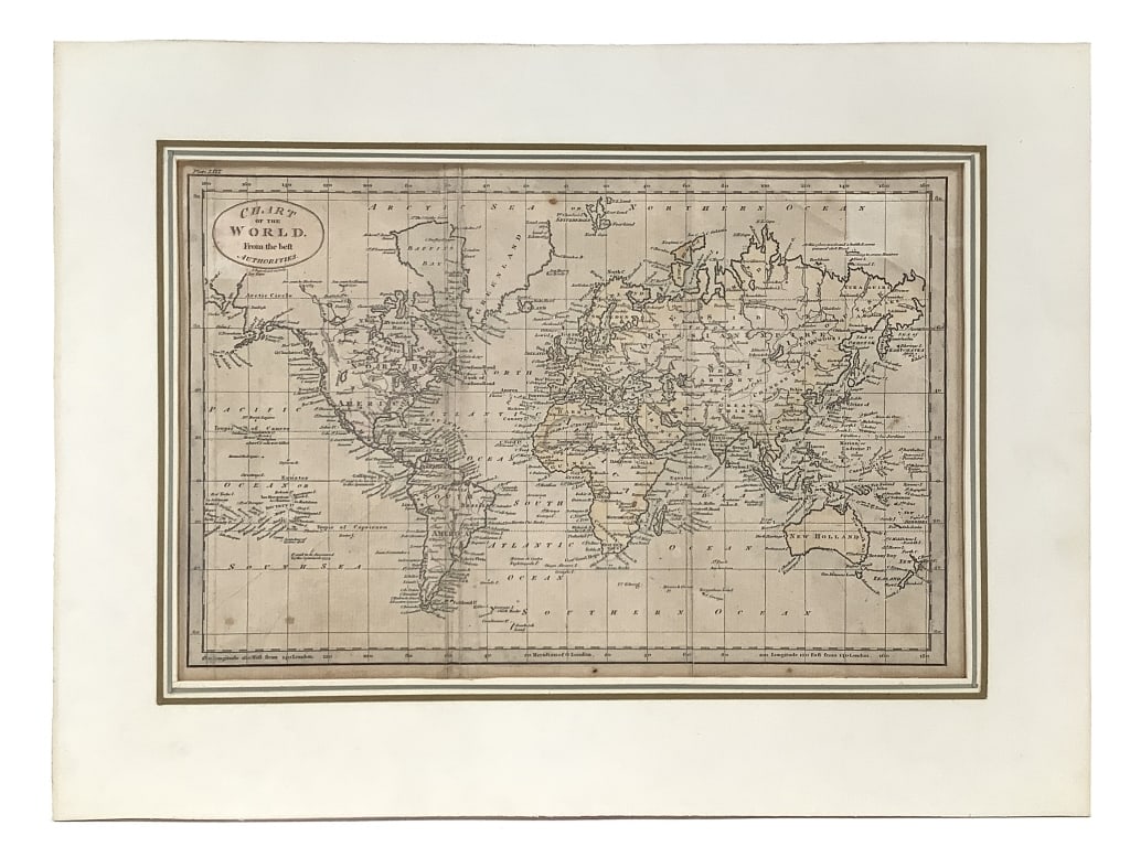 Antique Map J.Russell Chart of the World: Fold out book plate, binding stitches on right side. 8 5/8" x 14 5/8" laid paper. Linen taped to mat board, small tears and creasing from book fold out. Likely from 1795 edition of Guthrie's