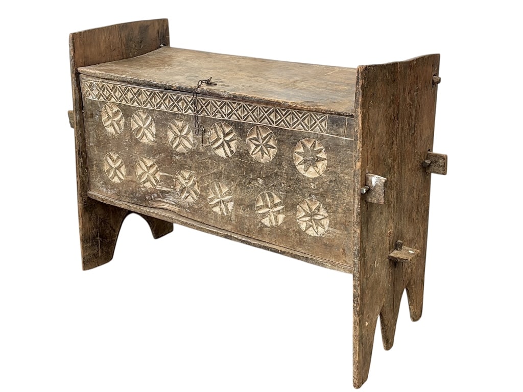 Antiquated Igbo Carved Chest: 44"L x 18"W x 34 3/4"H carved wood chest with mortised joints and a chain latch. Provenance: Collected by Sophia and Roy Sieber.
