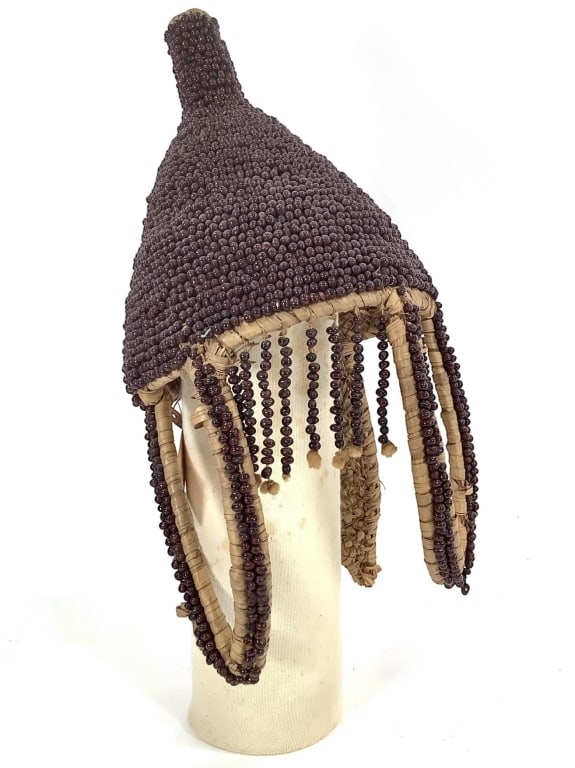 Abrus Seed Helmet Pankshin Nigeria: 16"H, 8"Dia. Provenance: Collected by Sophia and Roy Sieber.