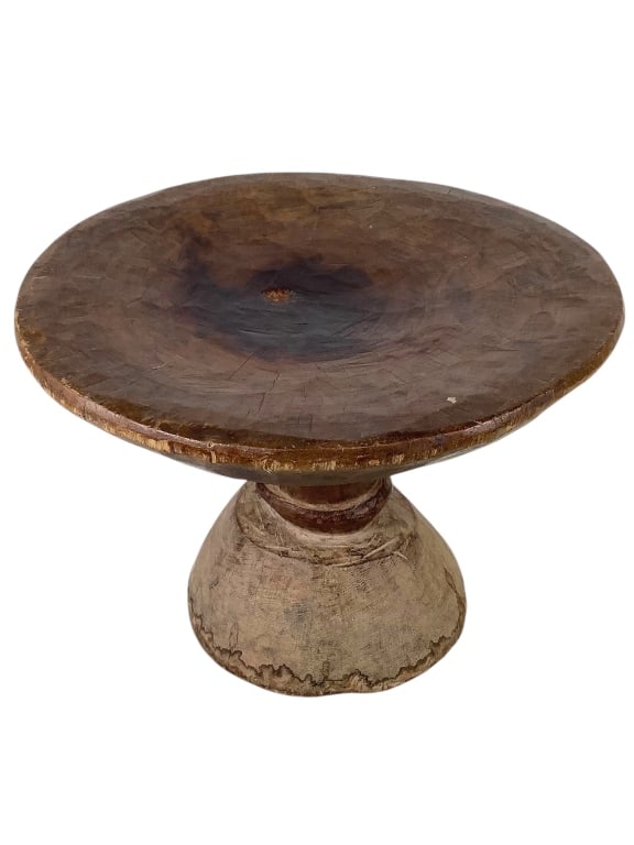 African Footed Wood Stool: 12"Dia., 10"H. Provenance: Collected by Sophia and Roy Sieber.