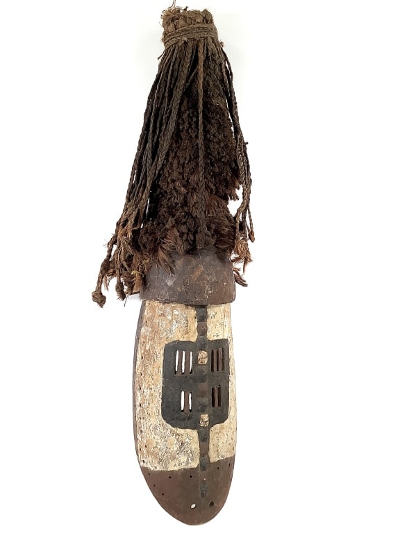 Mossi Wood And Raffia Mask: 38"H, comes with the stand. Provenance: Collected by Sophia and Roy Sieber.