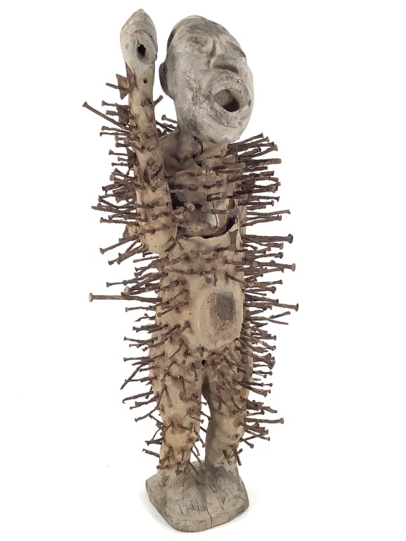 Nkisi Nkondi Replica With Nails: 23"H. Provenance: Collected by Sophia and Roy Sieber.