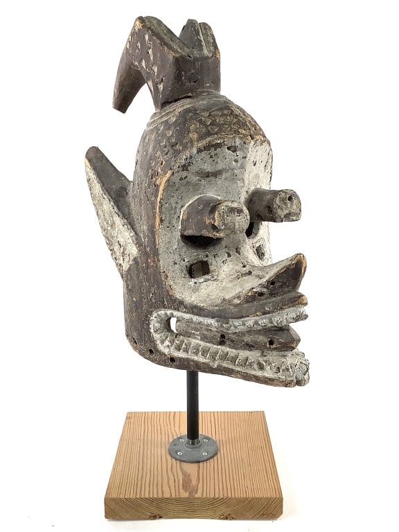 Igbo Wood Mask From Nigeria: 20"H x 17"W, comes with stand. Provenance: Collected by Sophia and Roy Sieber.