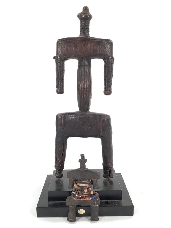 Namji Dolls From Cameroon: 13 1/2"H and 4 1/2"H with beaded accessories. Large doll comes with wood stand. Provenance: Collected by Sophia and Roy Sieber.