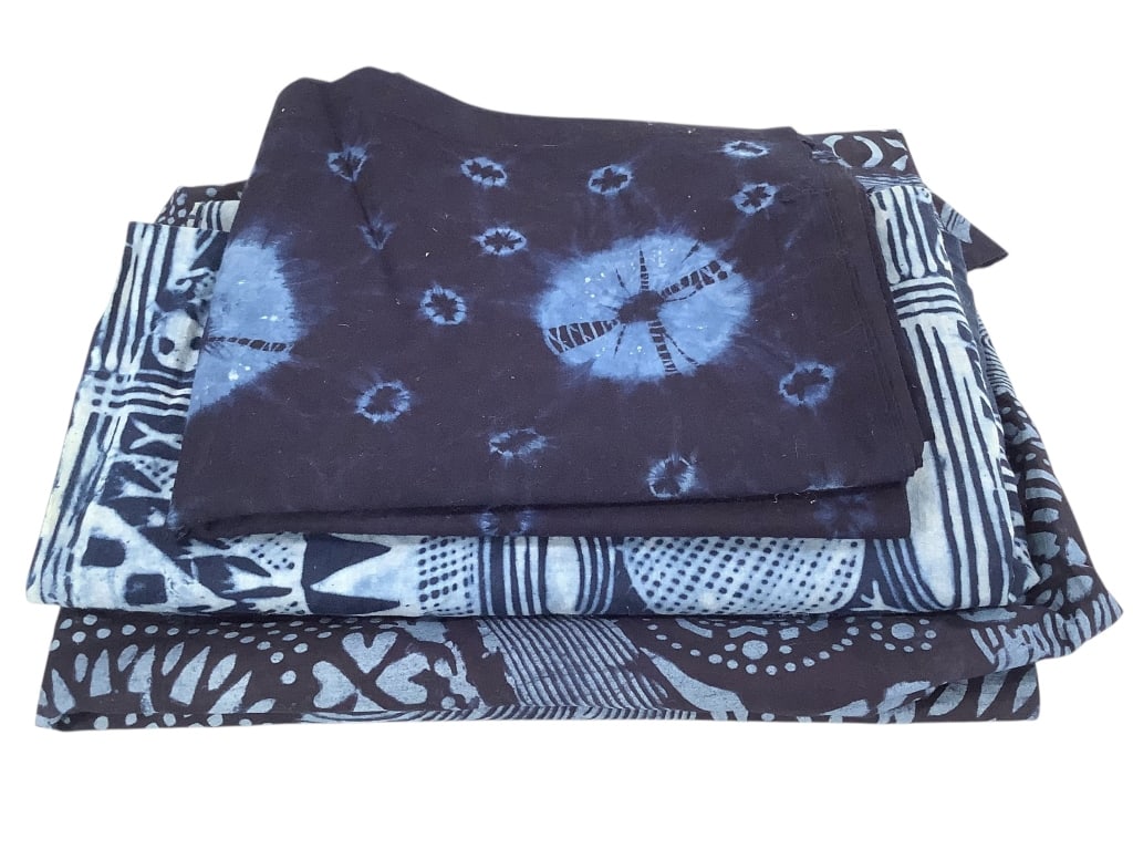 Indigo Adire Cloths From Nigeria: 64"L x 70"W, has a hole. 62"L x 75"W, has holes. 52" x 65 1/2"L. Provenance: Collected by Sophia and Roy Sieber.
