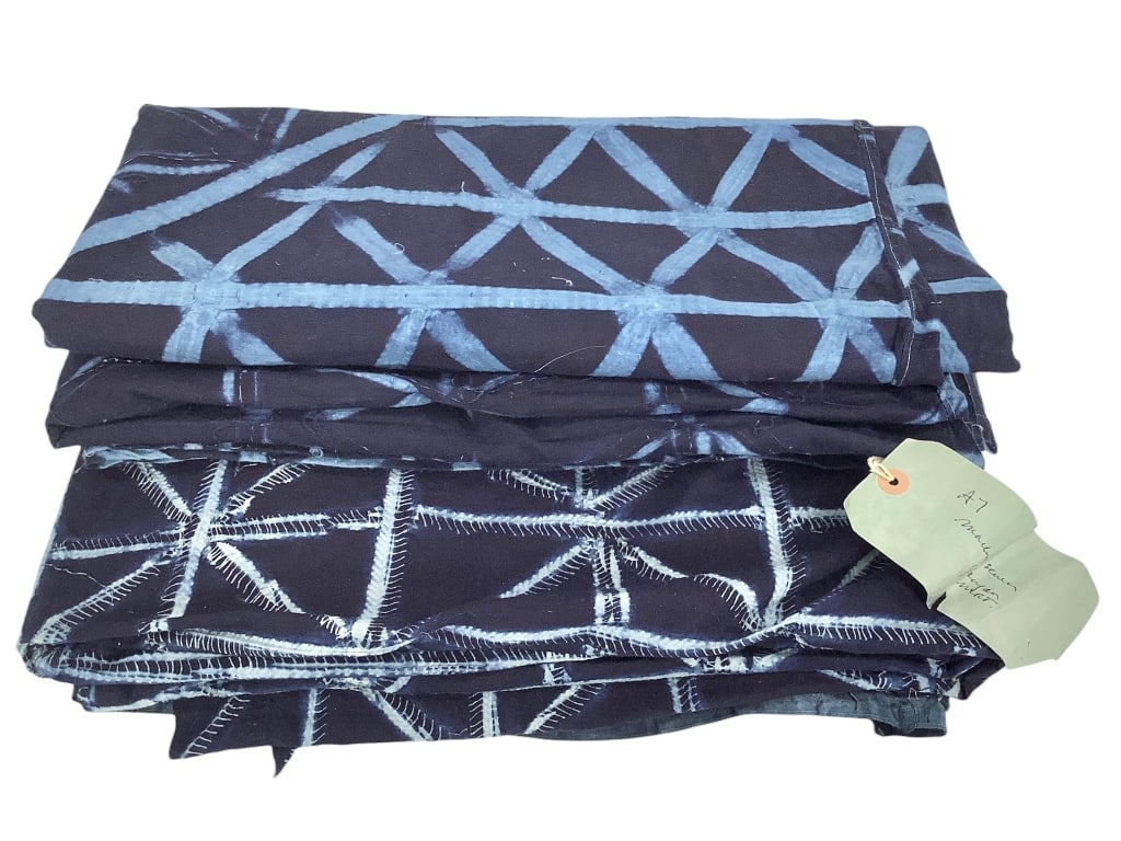 Indigo Adire Cloths From Nigeria: 52"L x 65"W. 52"L x 68"W. 70"L x 79"W, has holes. Provenance: Collected by Sophia and Roy Sieber.