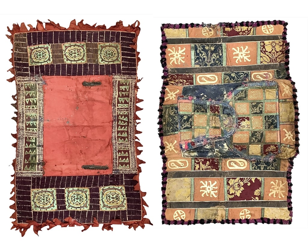 African Horse Blankets: 46"L x 30"W woven and studded horse blanket, holes and insect damage throughout. 48"L x 28"W, holes and disintegration throughout. Provenance: Collected by Sophia and Roy Sieber.er.