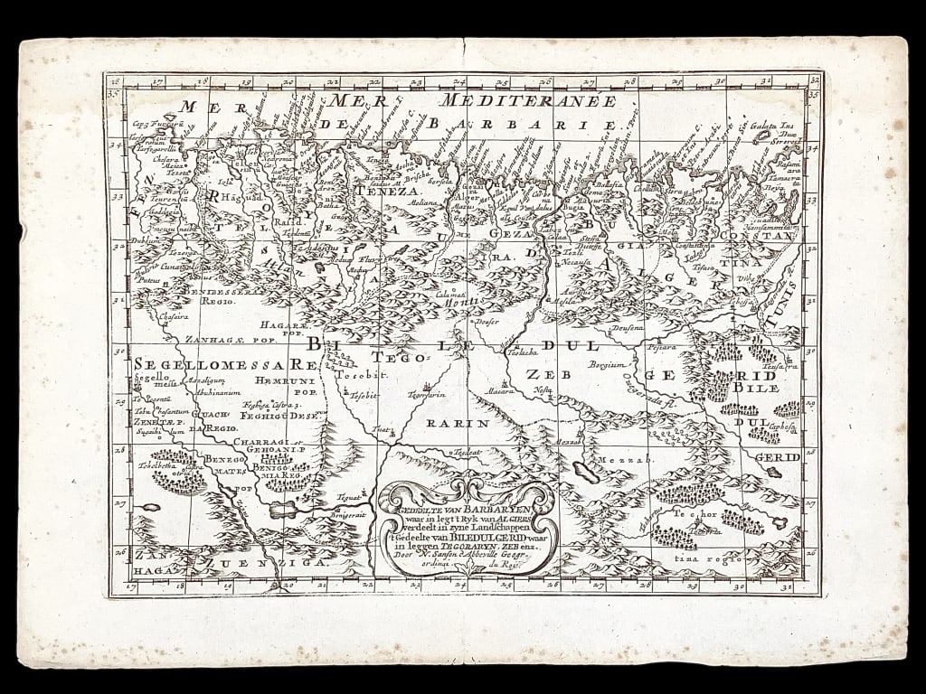 Map Gedeelte van Barbaryen Sanson c 1682: Gedeelte van Barbaryen, waar in Legt 't Ryk van Algiers Verdeelt in zyne Landschappen 't Gedeelte van Biledulgerid... Map of Tunesia and Algiers in Northern Africa-Biledulgerid-Sanson-1682. Engraved