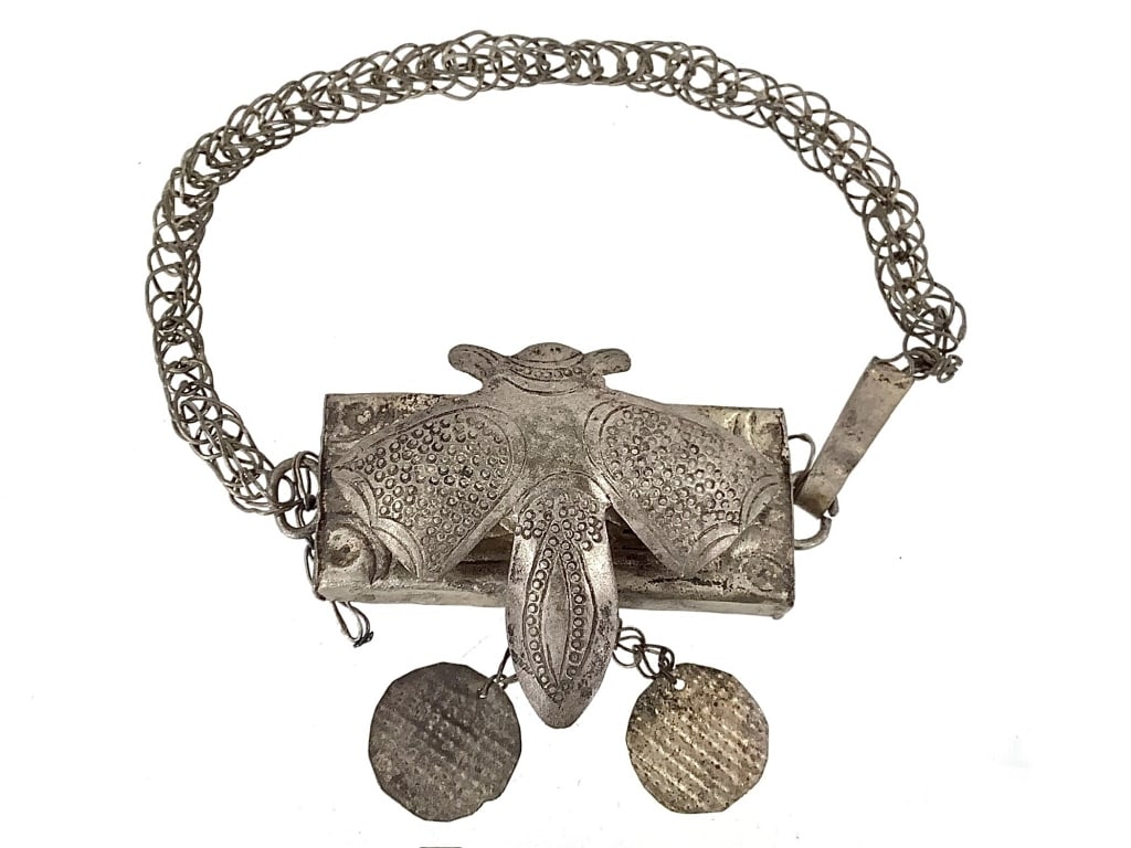 Silver Colored Insect Bracelet: 2 1/4"W insect and box. Provenance: Collected by Sophia and Roy Sieber.
