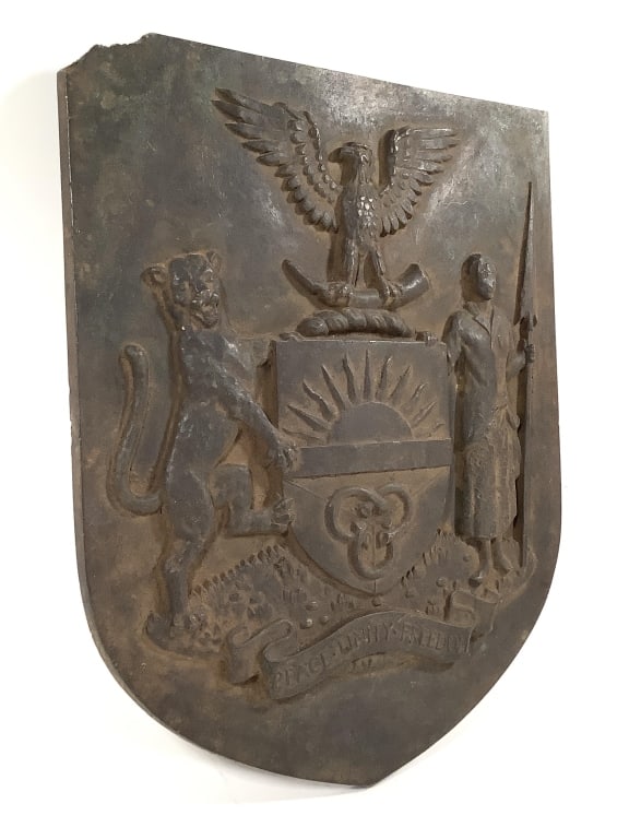 Biafra Igbo Cast Bronze or Brass Shield Medalion: 16"H x 12"W. Marked Peace - Unity - Freedom. Provenance: Collected by Sophia and Roy Sieber.