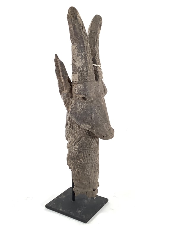 Carved Antelope Head Finial Bini People Nigeria: 14"H overall with stand. Provenance: Collected by Sophia and Roy Sieber.