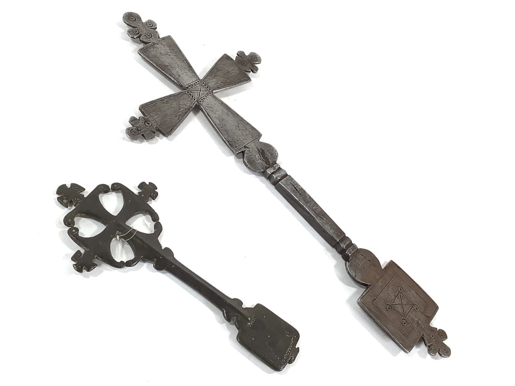 Yaag Masqal Ethiopian Hand Crosses: 10 1/2" and 5 1/2"L. Provenance: Collected by Sophia and Roy Sieber.