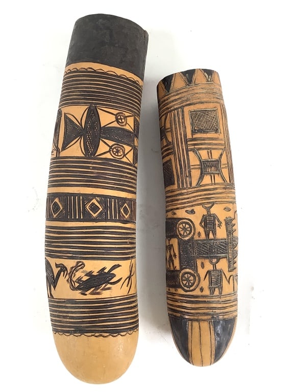 Fulani Carved Calabash Vessels: 13" and 10 1/2"L. Provenance: Collected by Sophia and Roy Sieber.