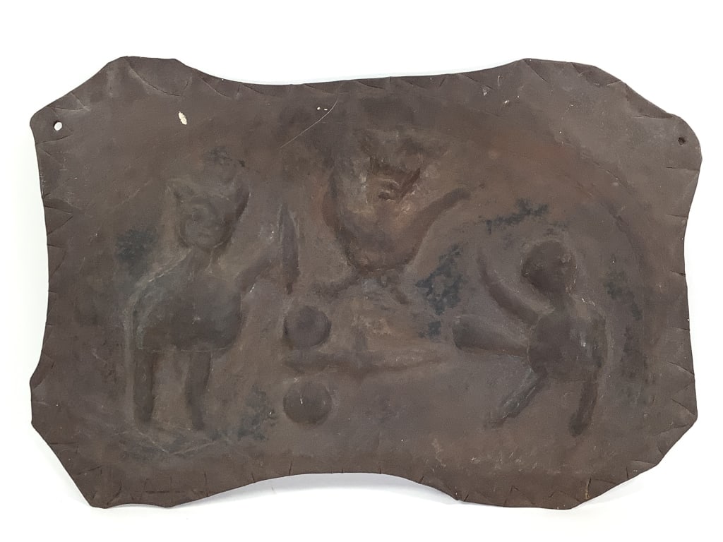 Embossed Figures On Metal Plate: 17"L x 11 1/2"W. Provenance: Collected by Sophia and Roy Sieber.