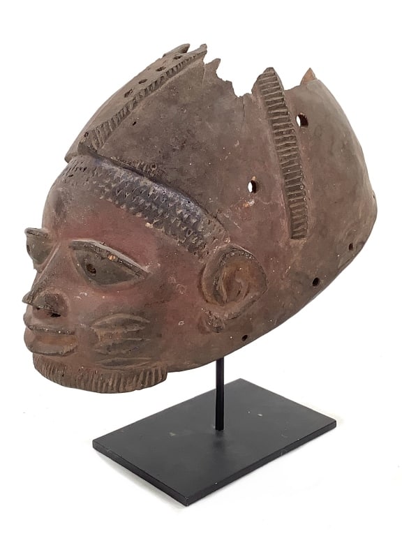 Yoruba Gelede Partial Wood Mask: 11"L, comes with custom stand. Provenance: Collected by Sophia and Roy Sieber.
