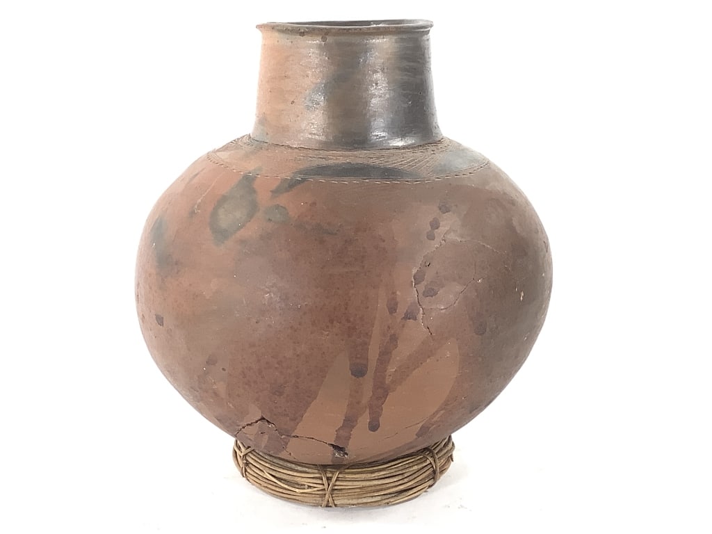 Polychrome Terracotta Pot With Stand: 10"Dia with engravings. Visible repair, will not hold water. Provenance: Collected by Sophia and Roy Sieber.