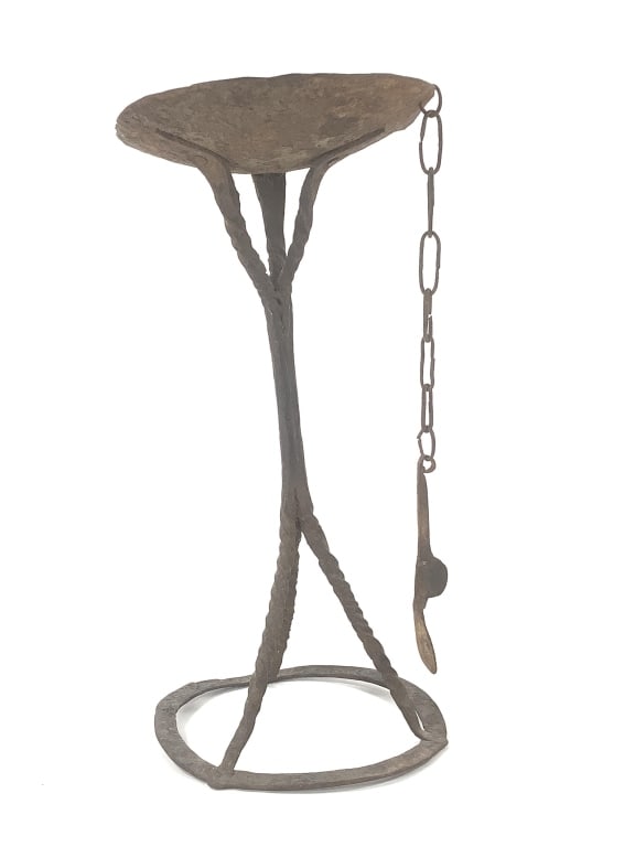 Wrought Metal Oil Lamp: 5 3/4"Dia., 11 1/2"H. Provenance: Collected by Sophia and Roy Sieber.
