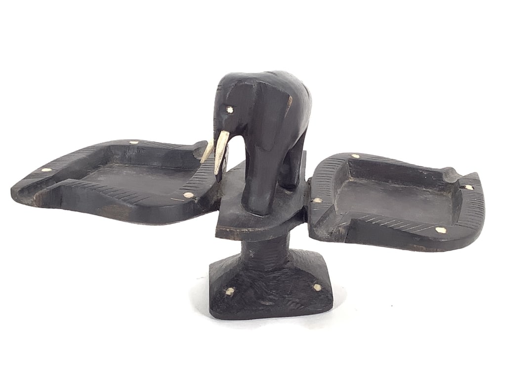 African Ebony Wood Elephant Tray: 8 1/2"W x 4 1/2"H. Provenance: Collected by Sophia and Roy Sieber.