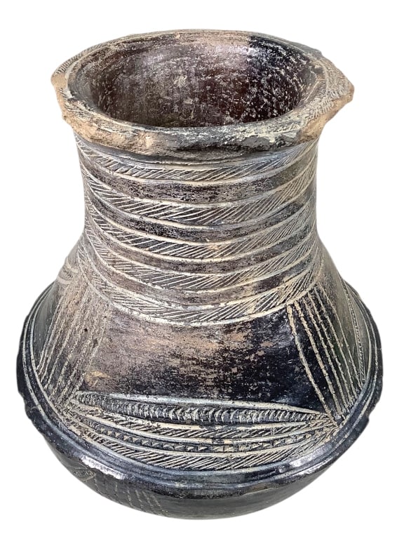 Igbo Ceramic Carved Pot From Nigeria: 10"Dia, 11 1/2"H. Provenance: Collected by Sophia and Roy Sieber.