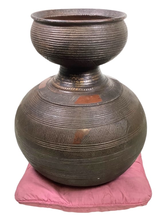 Nigerian Nupe Ceramic Carved Pot: 12"Dia. x 15"H. Provenance: Collected by Sophia and Roy Sieber.