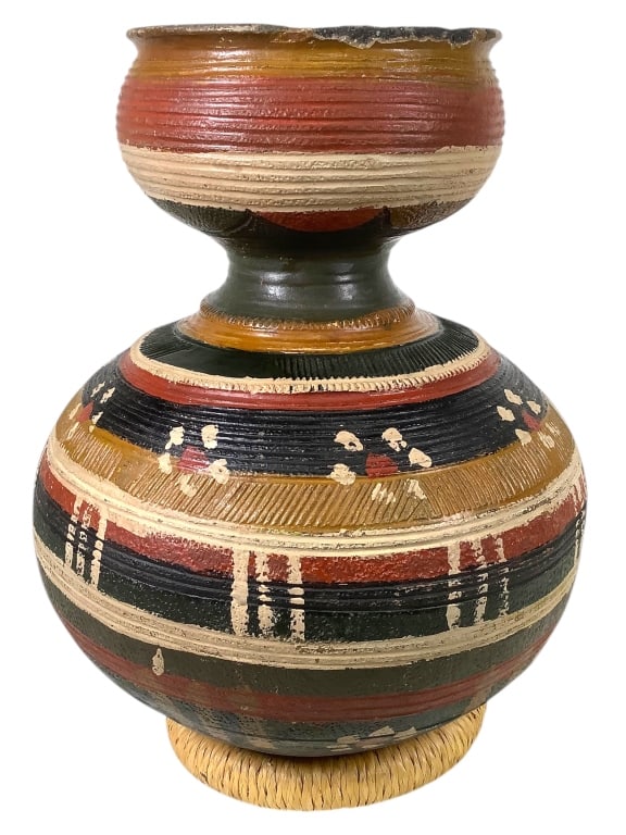 Polychrome Nupe Ceramic Carved Pot (1 of 6)
