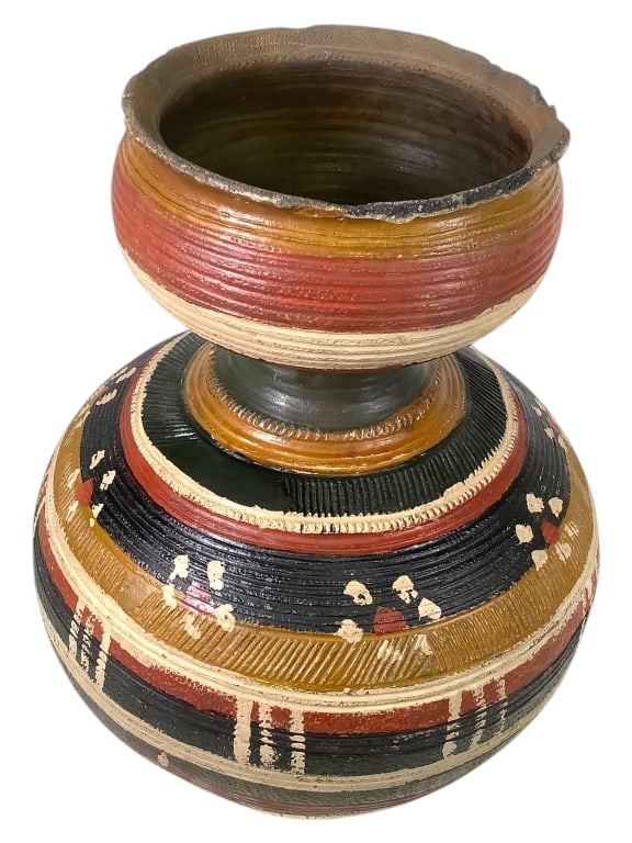 Polychrome Nupe Ceramic Carved Pot - 2