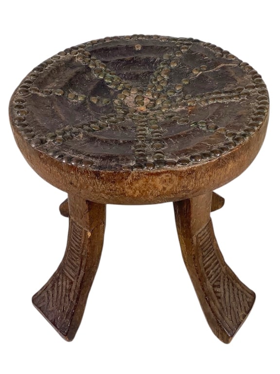 DRC Brass Studded Stool: 8"Dia., 7 1/2"H. Provenance: Collected by Sophia and Roy Sieber.