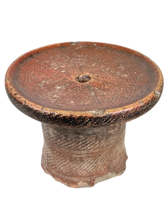 Ceramic Cooking Surface w Incised Designs: 10"Dia. x 8"H. Provenance: Collected by Sophia and Roy Sieber.