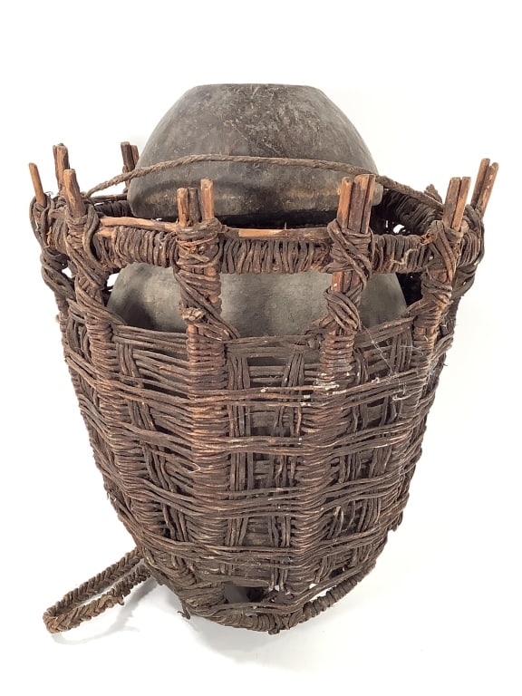 Kenyan Lidded Wood Pot With Basketry Carrier (1 of 9)