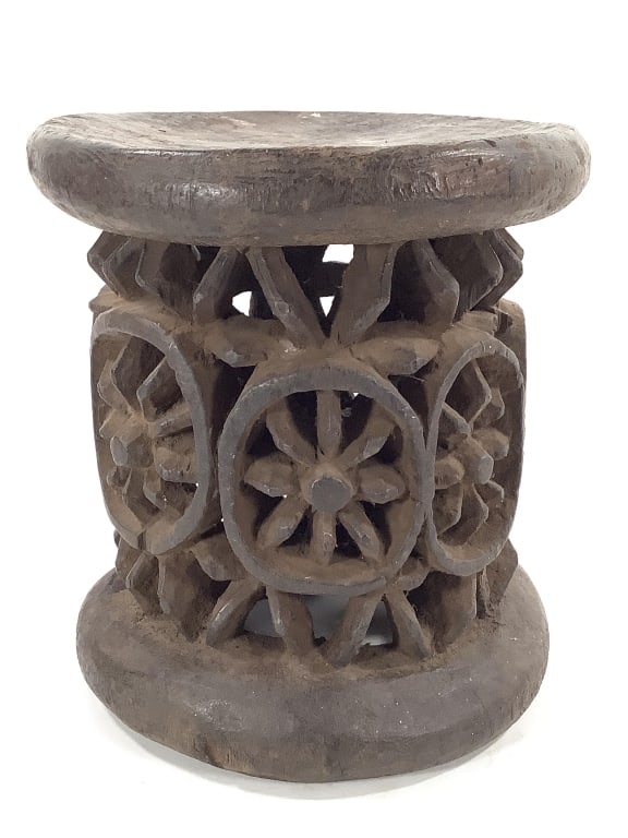 Bamum Carved Wood Stool From Cameroon: 10 1/2"Dia., 12"H. Provenance: Collected by Sophia and Roy Sieber.