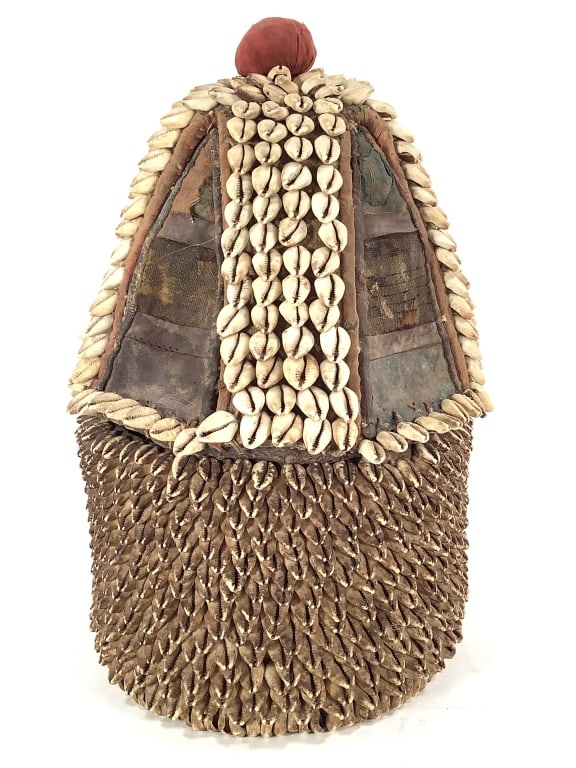 Yoruban Cowrie Shrine Container From Nigeria: 9 1/2"Dia., 15"H. Provenance: Collected by Sophia and Roy Sieber.