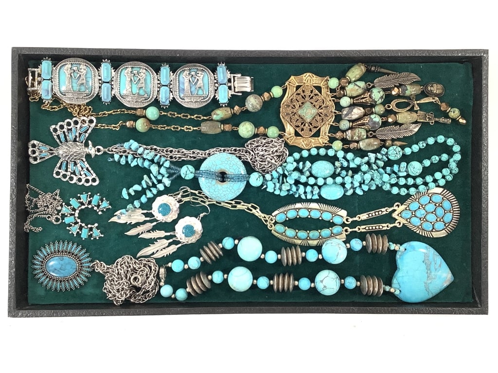 9 Turquoise Necklaces Earrings Bracelet: Up to 24" L. EDS aims to describe and photograph all items thoroughly and accurately, however other conditions present may not have been observed or noted. We encourage you to inspect items in person
