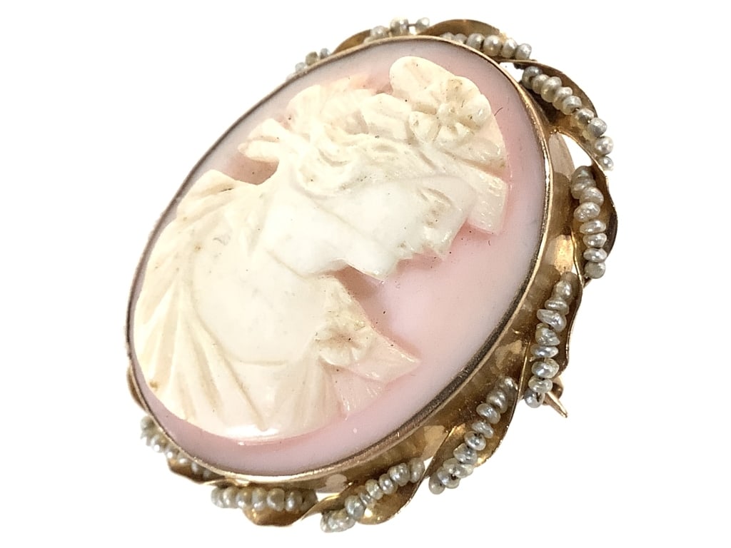 Unmarked Coral Seed Pearl Cameo Pin Pendant 1 3/8H: EDS aims to describe and photograph all items thoroughly and accurately, however other conditions present may not have been observed or noted. We encourage you to inspect items in person during previe