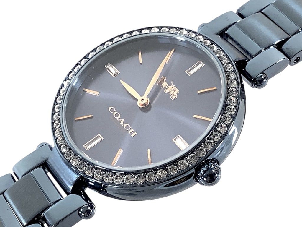 Men's Coach SS Black Face & Band Watch: Excellent condition, faux diamonds, needs battery replaced. EDS aims to describe and photograph all items thoroughly and accurately, however other conditions present may not have been observed or note