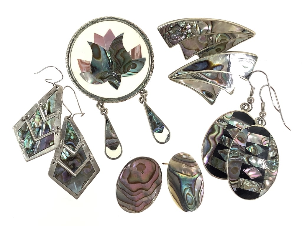 Sterling Alpaca Mex Silver Abalone Earrings Brooch (1 of 12)