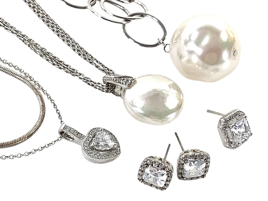 Sterling & Natural Pearl Necklaces & Earrings: 1890 brand and others. Stones do not test. 55.4 grams total weight. 16" - 18" L. EDS aims to describe and photograph all items thoroughly and accurately, however other conditions present may not have