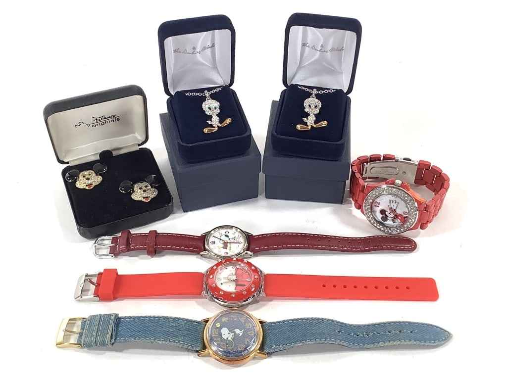 Mickey Mouse Peanuts Tweety Jewelry & Watches: Includes Mickey Mouse earrings and Disney watch, 3 Snoopy watches, and 2 Danbury Mint Tweety Bird necklaces in cases and boxes. EDS aims to describe and photograph all items thoroughly and