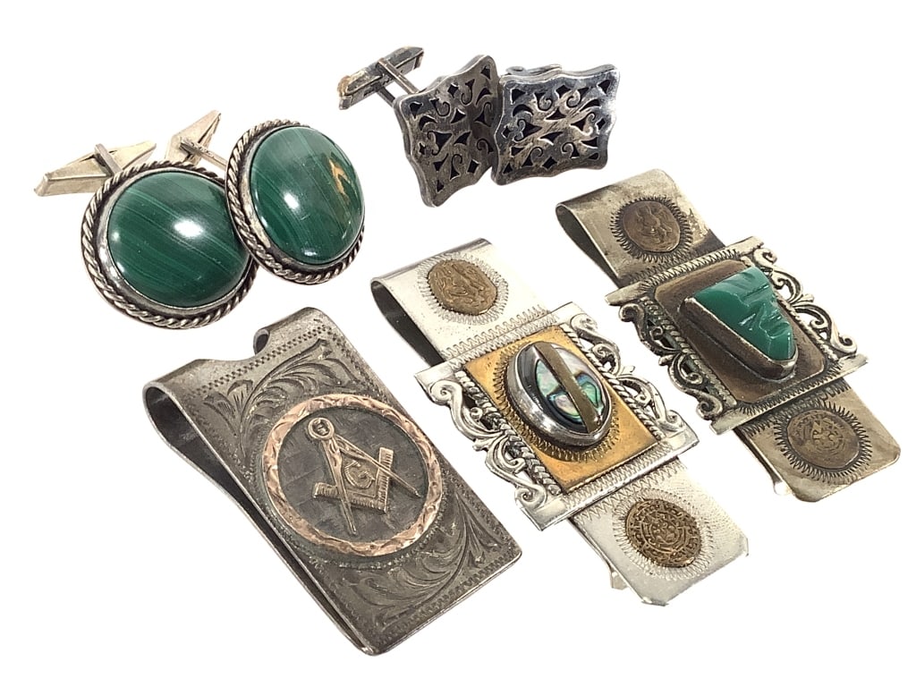 Sterling 10K Money Clips Cuff Links 115g TW: Only the Masonic clip is marked 10K & sterling. Others are marked Taxco. EDS aims to describe and photograph all items thoroughly and accurately, however other conditions present may not have been