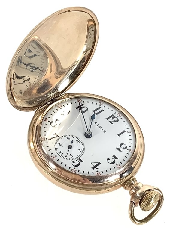 Elgin Ladies 7J 30MM Pocket Watch w/Hunter Case: SN 17708487, Dueber 20Yr engraved hunter case, runs good, VG condition overall. EDS aims to describe and photograph all items thoroughly and accurately, however other conditions present may not have b